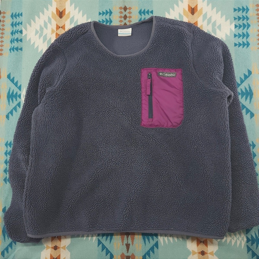 Columbia Womens West Bend Sherpa Crewneck Pullover Navy Magenta Zip Pocket XL